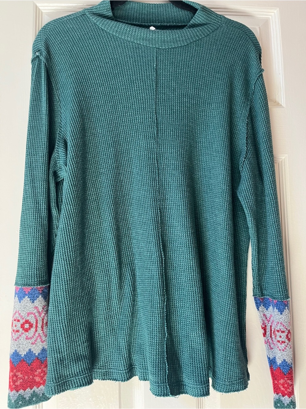 Maurices Teal Waffle Knit Crewneck Sweater with Colorful Patterned Cuffs